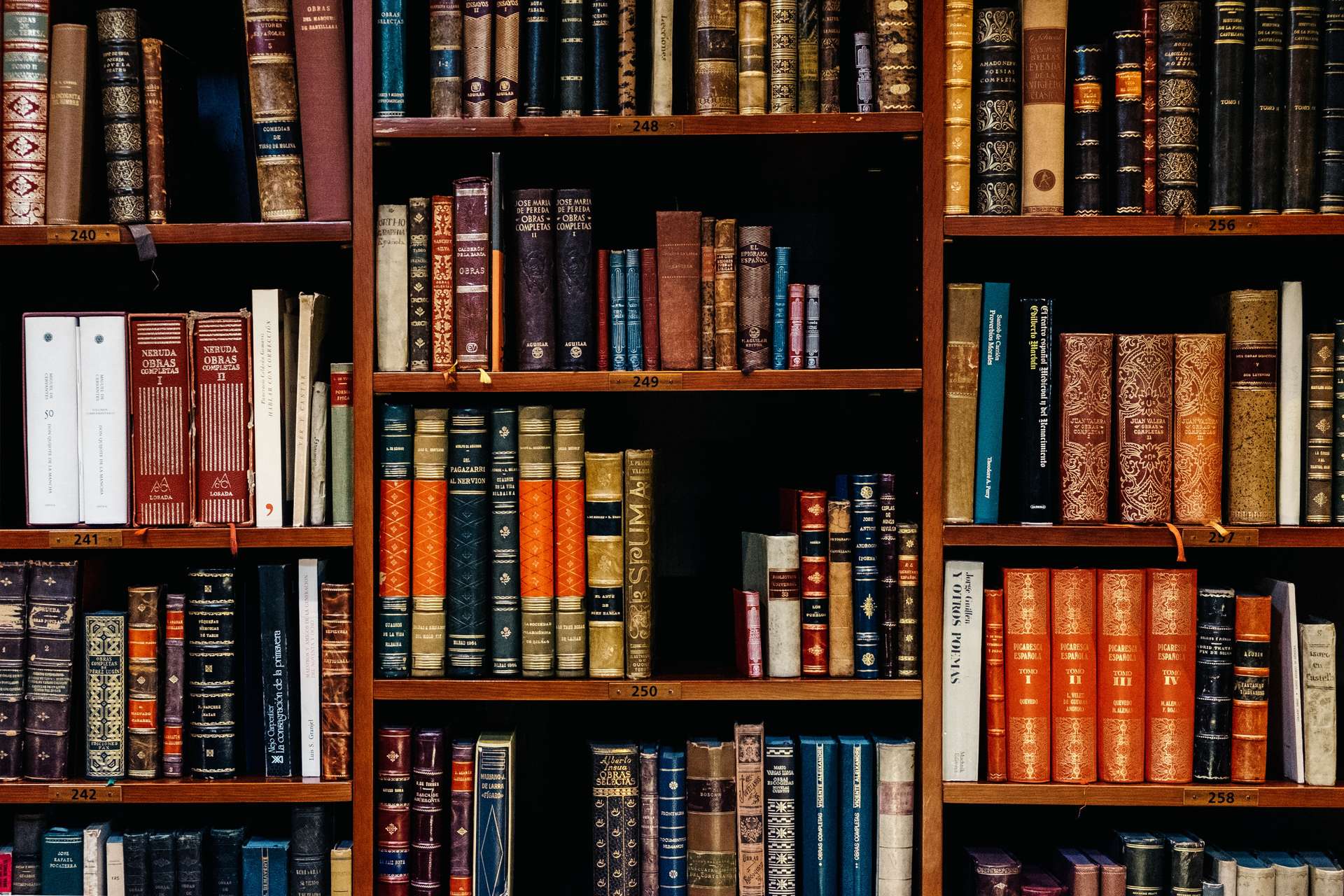 a bookshelf with lots of old traditional looking books